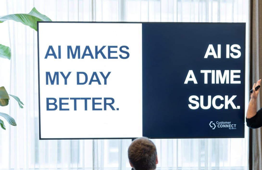 Sam Ogborn delivering an AI in marketing keynote at Basis Customer Connect 2026